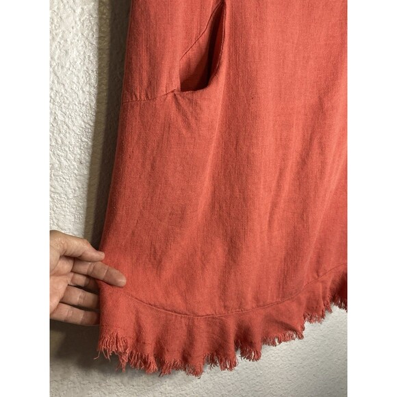 Umgee Linen Blend Top Size M Rust Burnt Orange Short Sleeve Raw Frayed Hem Boho - Picture 5 of 8